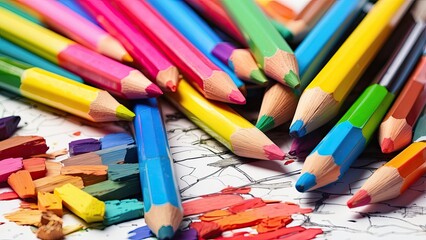 A close-up view of a variety of colored pencils arranged in a metal cup