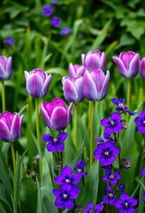 Fototapeta premium Lush green backdrop showcasing vibrant blue-purple tulips and violets in full bloom, background, plants, floral design