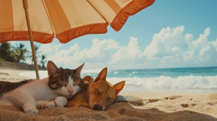 A cat and a dog peacefully nap together under a beach umbrella, with gentle waves and a sunny sky in the background.