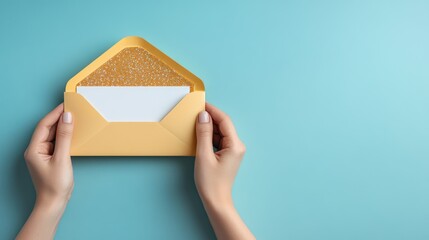 Hands holding open envelope with blank card
