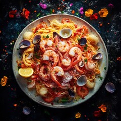 Overhead view of shrimp scampi pasta with clams and lemon on a plate