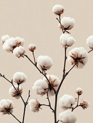 A branch with white fluffy cotton flowers on a beige background.