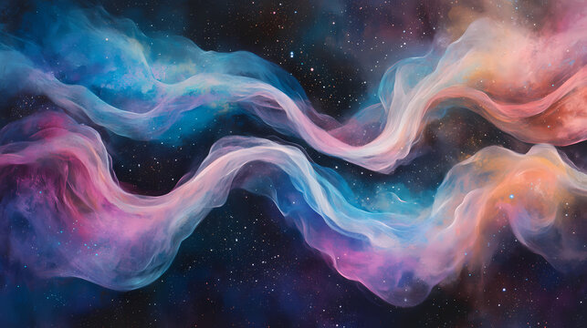 Cosmic dance of colors: two streams of vibrant, ethereal smoke in shades of pink and blue gracefully weave their way against a backdrop of a starlit cosmos. Starlit Weave. Illustration