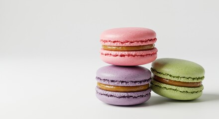 A stack of three colorful macarons on a white surface with a soft and delicate appearance and filling