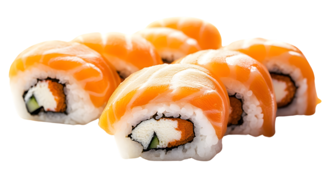 Professional High-Quality Image of Salmon Sushi Rolls Isolated on White Background