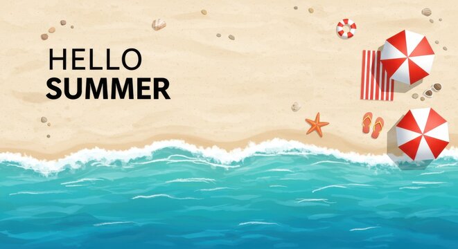 Top view of a beach with umbrellas, towel, starfish, and flip flops saying hello summer on the sand
