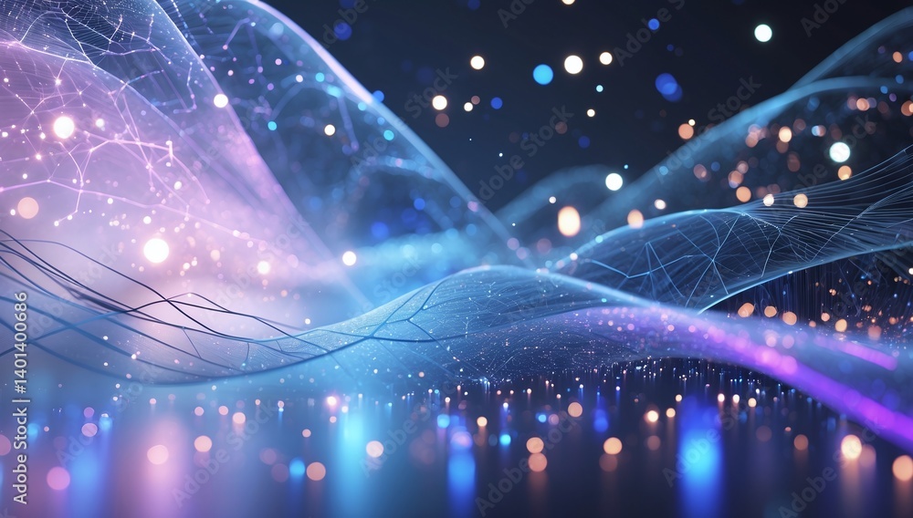 Poster abstract network of interconnected lines and glowing particles