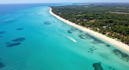 Obraz premium Aerial view of a tropical beach with turquoise water and a boat speeding along the coastline