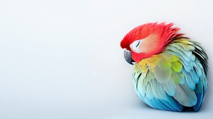 Fototapeta premium A vibrant parrot perched atop a pristine table alongside a pristine wall, featuring a resplendent red and azure bird on its back