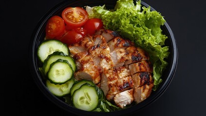 Bowl of grilled chicken salad with lettuce tomato and cucumber on black.