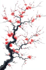 Pink cherry blossom on white background, sakura tree branch isolated