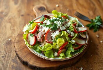 Rustic wooden table with vintage-inspired tablecloth and a delicious Cobb Salad