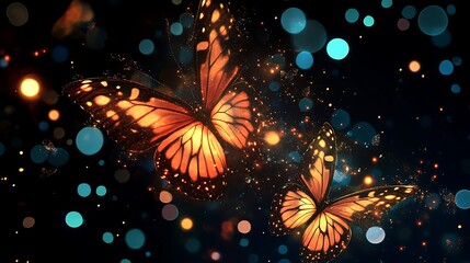 Illuminated butterfly wings surrounded by shimmering orange particles