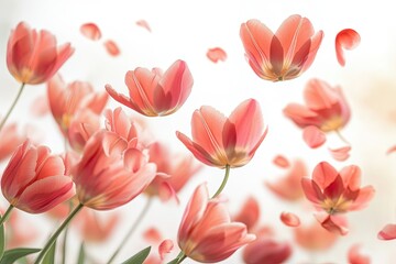 Fototapeta premium Pink tulip petals falling on isolated white background