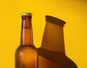 Chilled beer bottle against bright yellow background with shadow