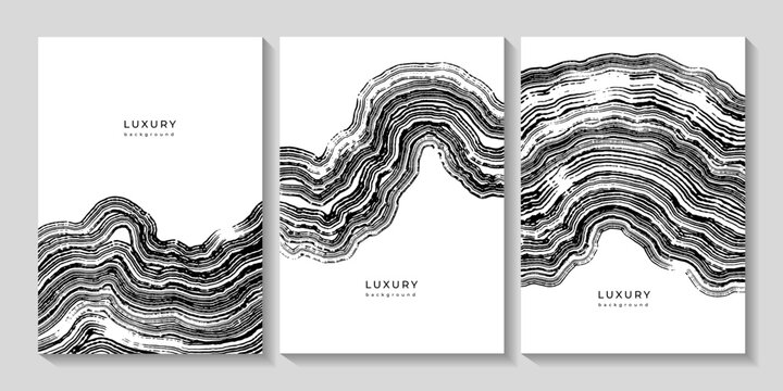 Set of black and white templates with wavy wooden texture. Backgrounds with grunge curved lines. Annual tree rings. Organic eco background. Templates for business cards, cover