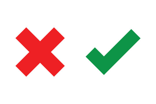 Green check mark and red cross icon set. Circle and square. Tick symbol in green color, vector illustrati