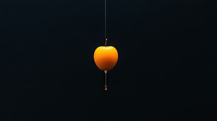 Obraz premium An orange dangling from a string with a drip of liquid oozing from its tip