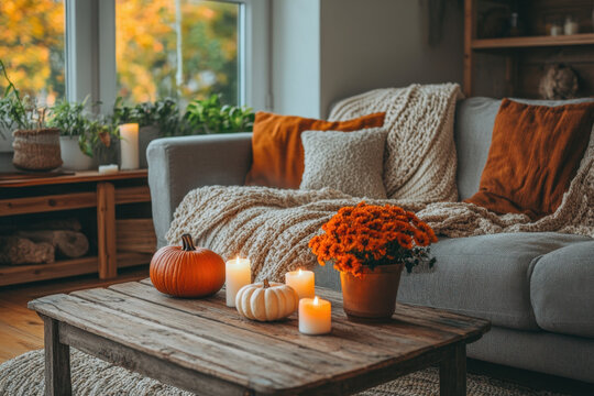 Gray couch, wooden coffee table, and pumpkin in cozy fall living room setting.