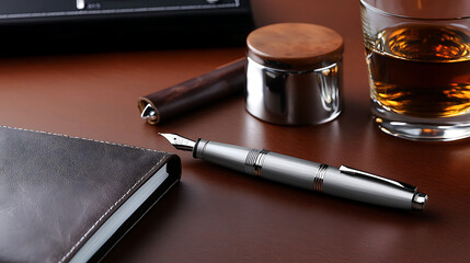 A pen is on a table next to a notebook and a glass of alcohol. Generated using AI.