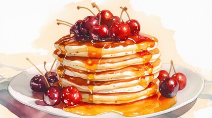 A mouthwatering stack of pancakes topped with juicy cherries and a generous drizzle of syrup, ideal for both breakfast and dessert.