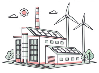 Obraz premium Vector illustration of a factory generating renewable energy with solar panels and wind turbines, isolated on white background. 
