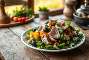 A beautifully presented salad with vibrant colors and textures