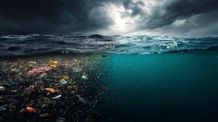 Naklejka premium Ocean Pollution with Plastic Waste and Stormy Sky Environment Issue