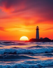 Solitary lighthouse silhouetted against vibrant sunset, ocean waves gently lapping, sky, silhouette