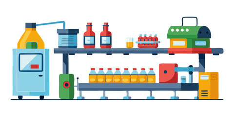 Vector of food production line with packaged products like cans or bottles, isolated on white background.
