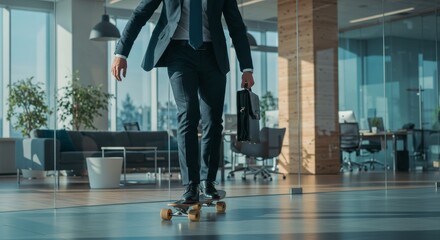 Obraz premium Businessman in formal attire skating on a skateboard in a modern office, exuding confidence and energy while carrying a briefcase