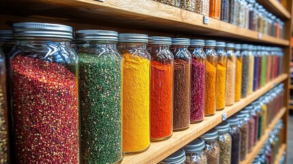 This image shows a variety of spices in jars neatly arranged on wooden shelves, showcasing vibrant colors and textures. Vegetables spark joy in the kitchen.