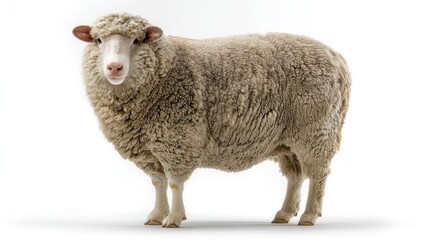 Fototapeta premium Standing Sheep with Thick Wool on a White Studio Background