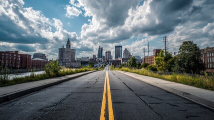 Driving Towards Urban City Skyline Under Cloudy Sky Road Perspective