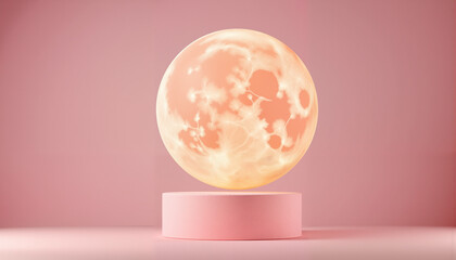 Illuminated full moon on pedestal against soft pink background, surreal beauty