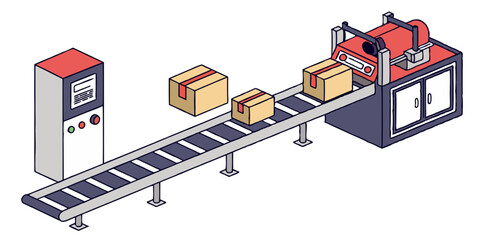 Vector of a conveyor belt with boxes moving through automated machines, isolated on white background.
