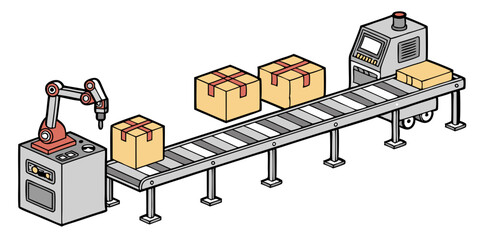 Vector of a conveyor belt with boxes moving through automated machines, isolated on white background.
