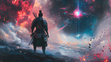 Samurai exploring a nebula via virtual reality embarking on cosmic quests with ancient honor and futuristic vision. Quasar Blade. Illustration