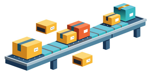 Fototapeta premium Vector of a conveyor belt with boxes moving through automated machines, isolated on white background. 