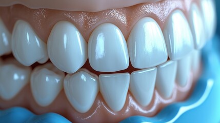 This image showcases a close-up view of a perfectly aligned set of white human teeth, highlighting dental health with a soft blue background.