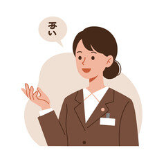 Asian manager smiling and greeting with a welcoming gesture  