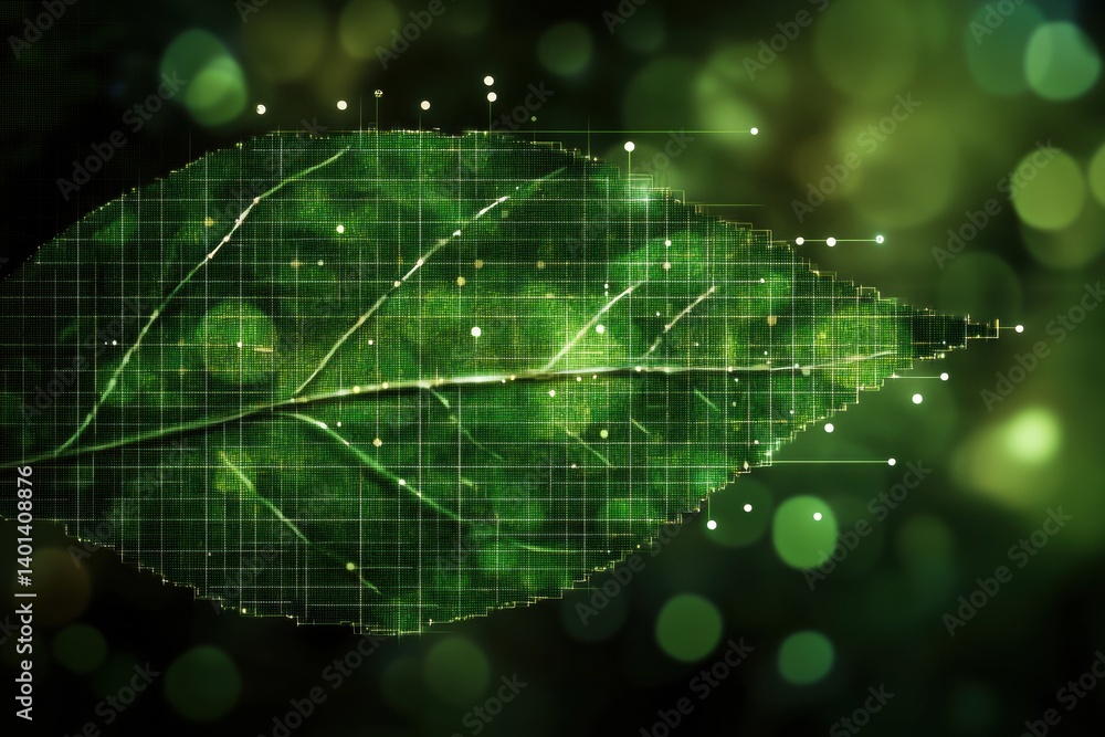 Poster green leaf dissolving into digital pixels showcasing the intersection of nature and technology at du