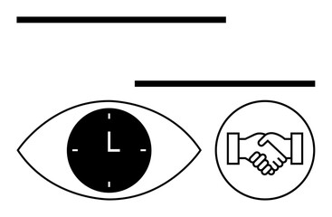 Obraz premium Eye containing clock symbolizing focus on time, handshake for partnership. Ideal for time planning, teamwork, agreement, punctuality, productivity, business growth, abstract line flat metaphor