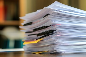 A stack of business report papers on a desk, symbolizing organization and professionalism, perfect for a business concept backdrop