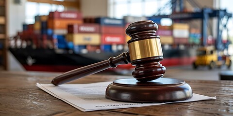 Wooden gavel with gold band resting on paper, trade law symbolism, shipping containers blurred, legal authority focus

