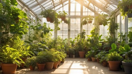 A lush greenhouse filled with various potted plants