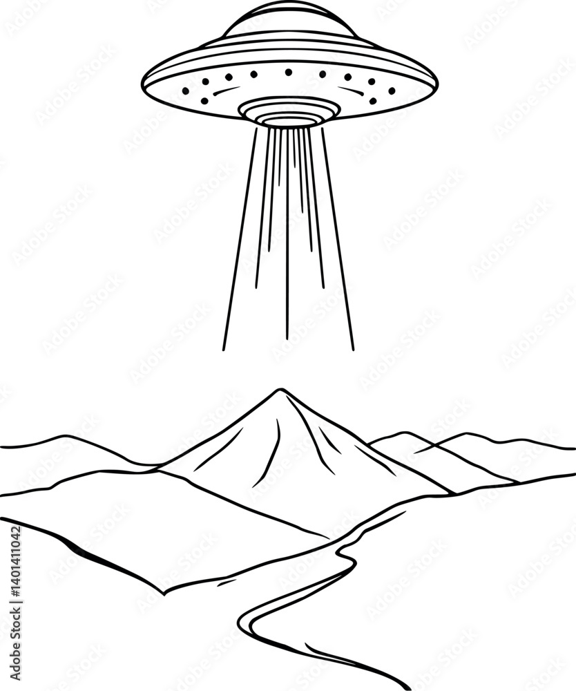 Aufkleber minimalist ufo outline. vector illustration of a spaceship hovering with a light beam.