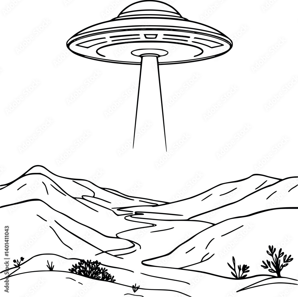 Aufkleber minimalist ufo outline. vector illustration of a spaceship hovering with a light beam.