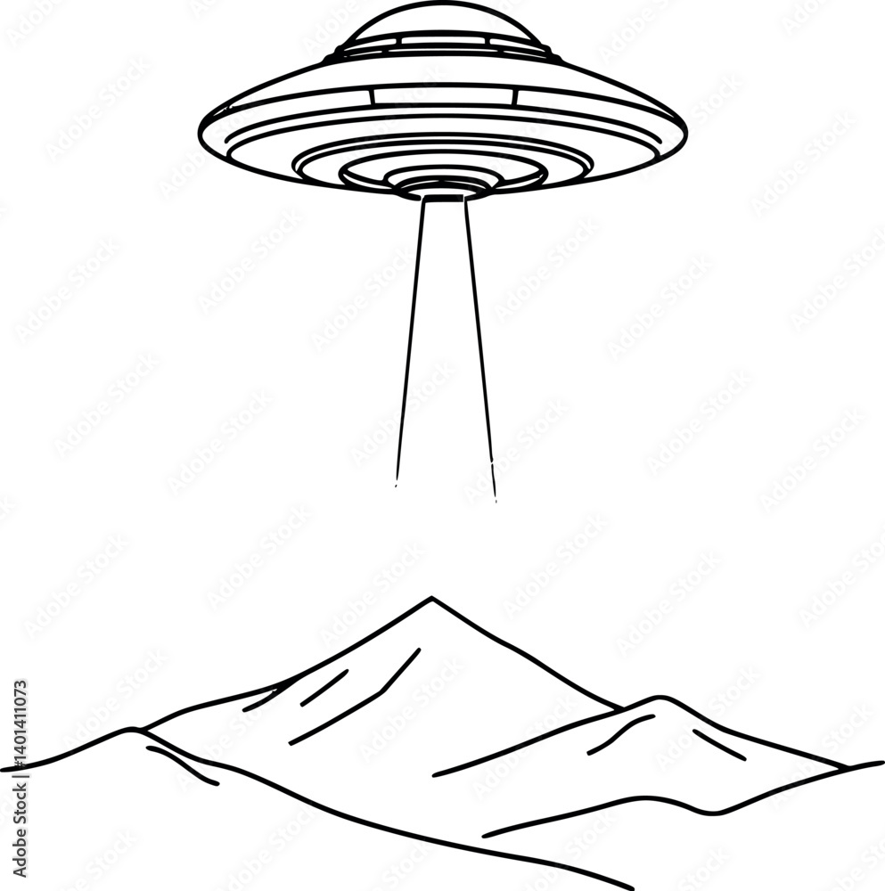 Aufkleber minimalist ufo outline. vector illustration of a spaceship hovering with a light beam.
