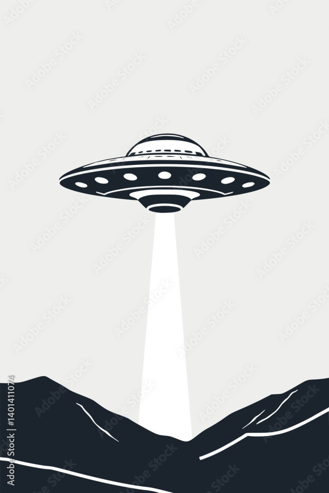 Aufkleber minimalist ufo outline. vector illustration of a spaceship hovering with a light beam.